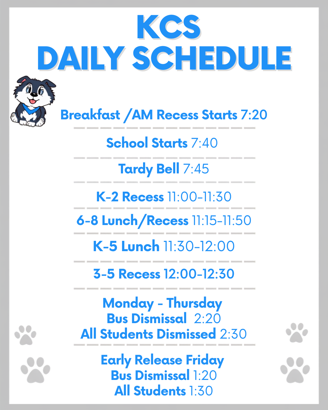 KCS Daily Bell Schedule